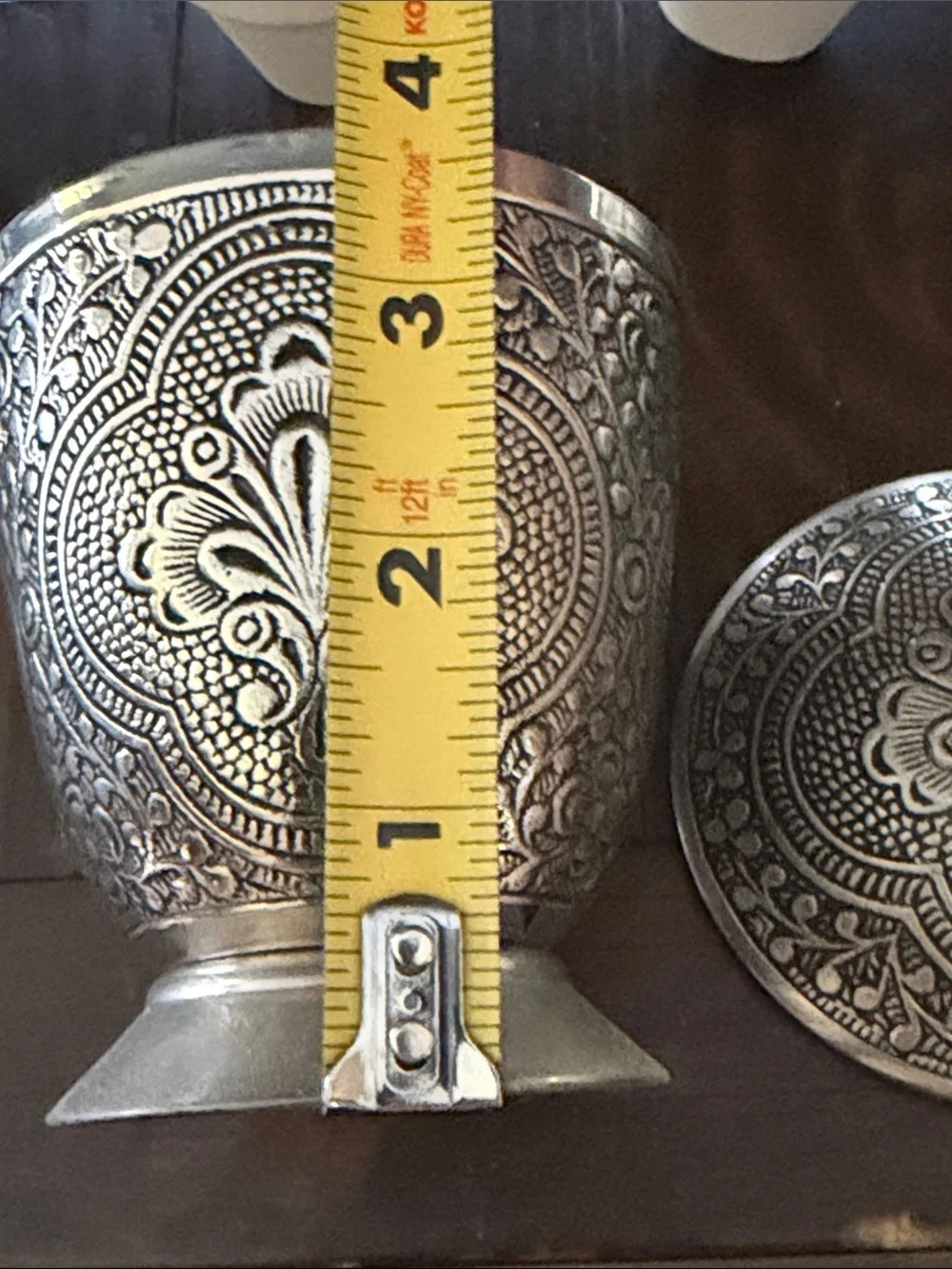 Ornate Embossed Lidded Vase in Antique Silver Tone